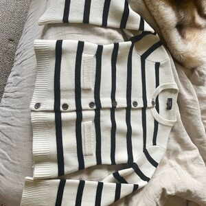 Quince Black and Cream Striped Mongolian Cashmere Structured Cardigan.